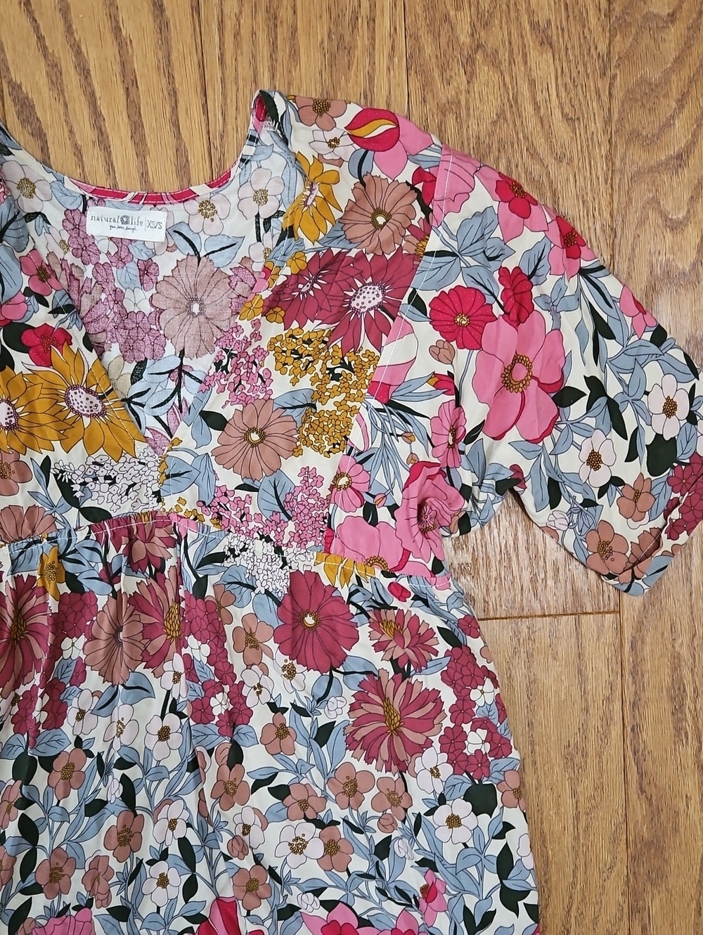 Natural Life Stella V-Neck Tunic Mini Dress Pink Floral Boho Swing Empire XS / S - Picture 3 of 6